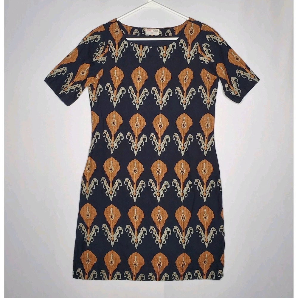 Bombay  Ikat Dress Medium Short Sleeve Cotton-Linen Mini Lined Black Orange Boho